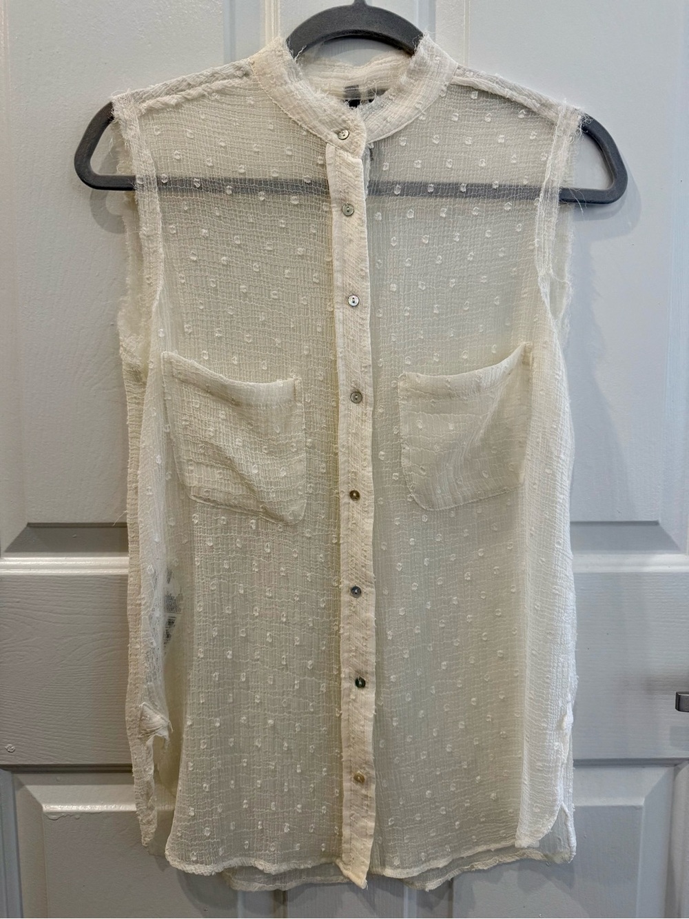 Mango Ivory Swiss Dot Sleeveless Button-Up Top